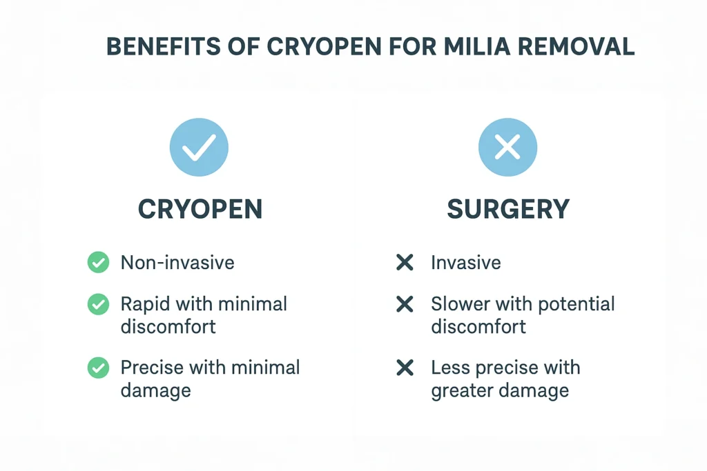 Benefits of cryopen for milia removal Streatham Hill compared to surgical treatments.